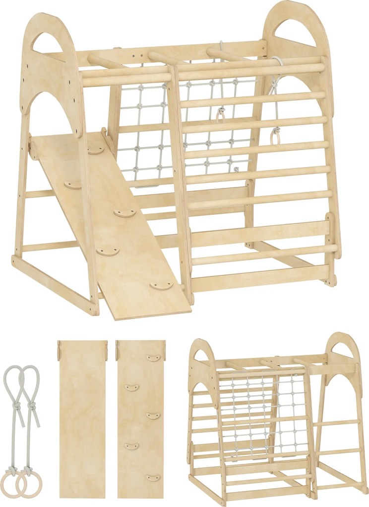 AIYAPLAY Cadru de cățărat pentru interior, design 6-în-1, tobogan, bare de cățărat, perete de cățărat, scară, plasă de cățărat, 3-6 ani, lemn | Aosom Romania