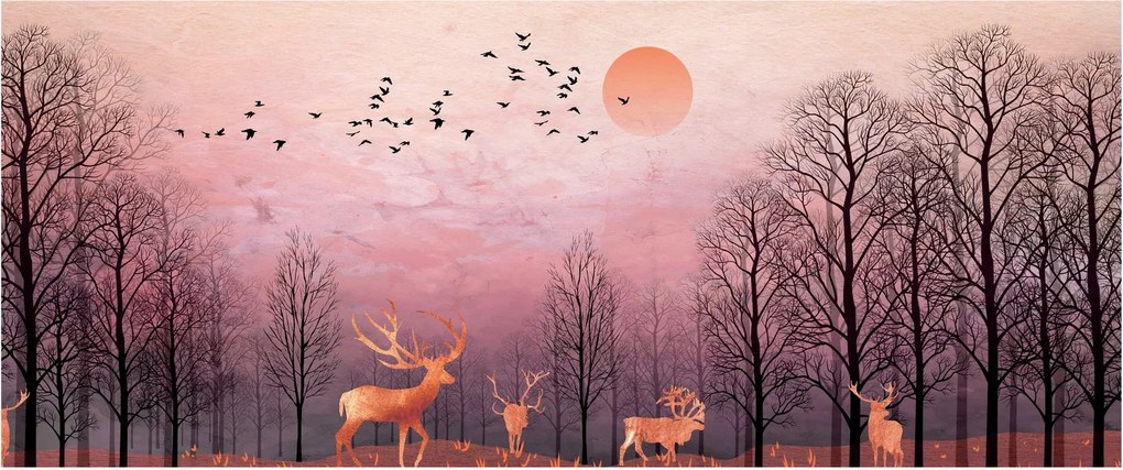 Tablou - Căprioare în strălucirea apusului de soare (120x50 cm)