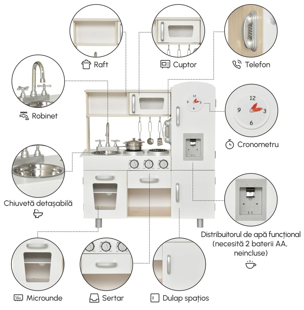 HOMCOM Bucătărie de Jucărie din Lemn pentru Copiii de Peste 3 Ani, 74x30x81 cm, Alb | Aosom Romania