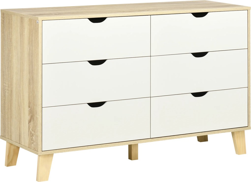 HOMCOM Comodă cu 6 Sertare, Mânere Sculptate și Picioare Trapezoidale, 120x40x76 cm, Lemn Natural | Aosom Romania