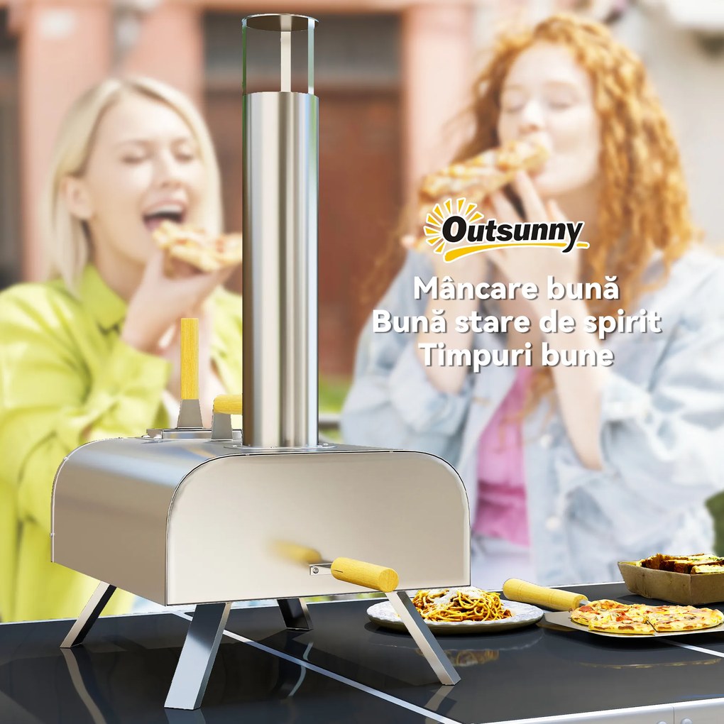 Outsunny Cuptor de Pizza cu Peleți din Lemn, Piatră Refractară și Lopată, 79x36x75 cm, Argintiu | Aosom Romania