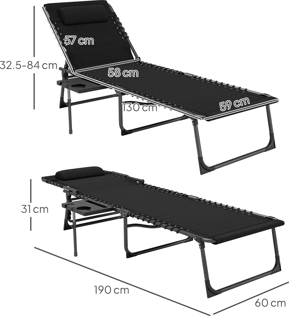 Outsunny Șezlong Pliant cu Spătar Reglabil Tetieră Buzunar Lateral Tavă și Structură din Oțel 190x60x31 cm Negru | Aosom Romania