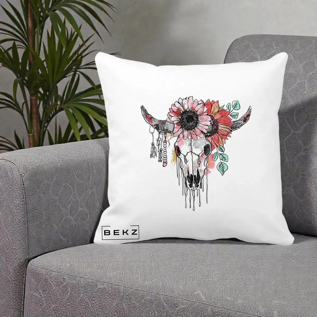 Perna Decorativa Craniu Boho Floral, 40x40 cm, Alba Mata, Husa Detasabila, Perna Inclusa, BEKZ®