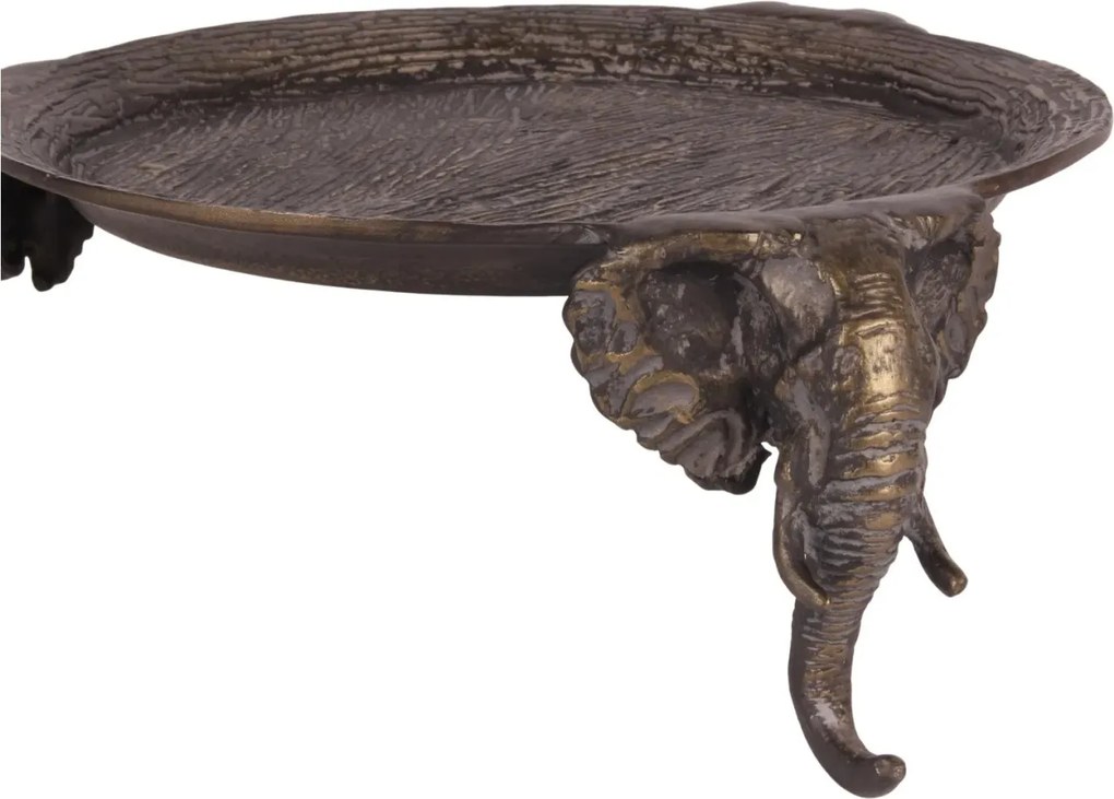 Tavă rotundă din aluminiu, aurie, pe picioare în formă de cap de elefant, stil colonial, finisaj antichizat, 12 x 33 cm, „Jodhpur”