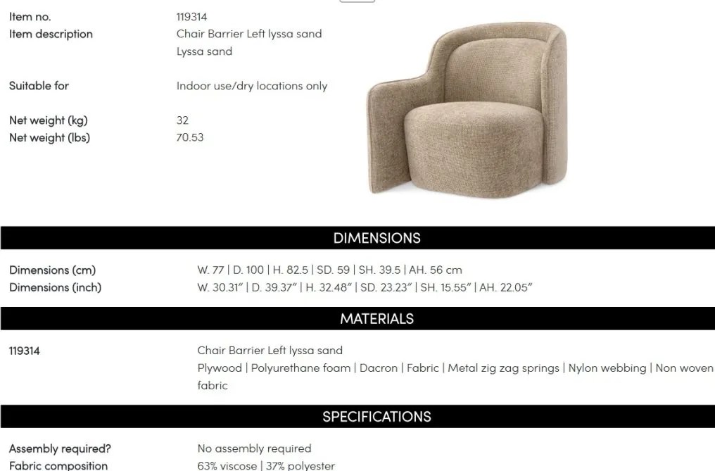 Fotoliu LUX cu design modern Barrier Left, Lyssa sand