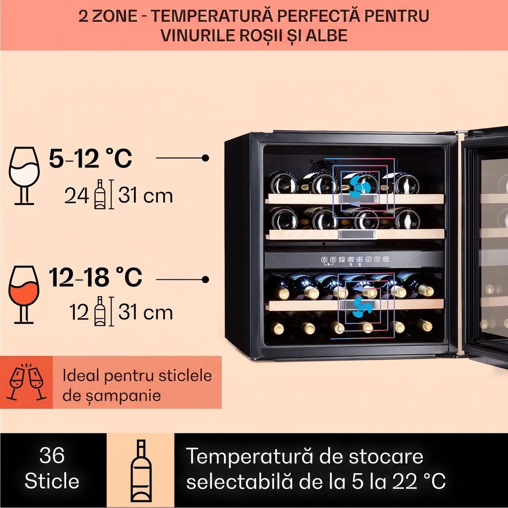 Klarstein Vinsider 36 Onyx Edition, vinotecă, 85 l, 5-22°C, 2 zone.