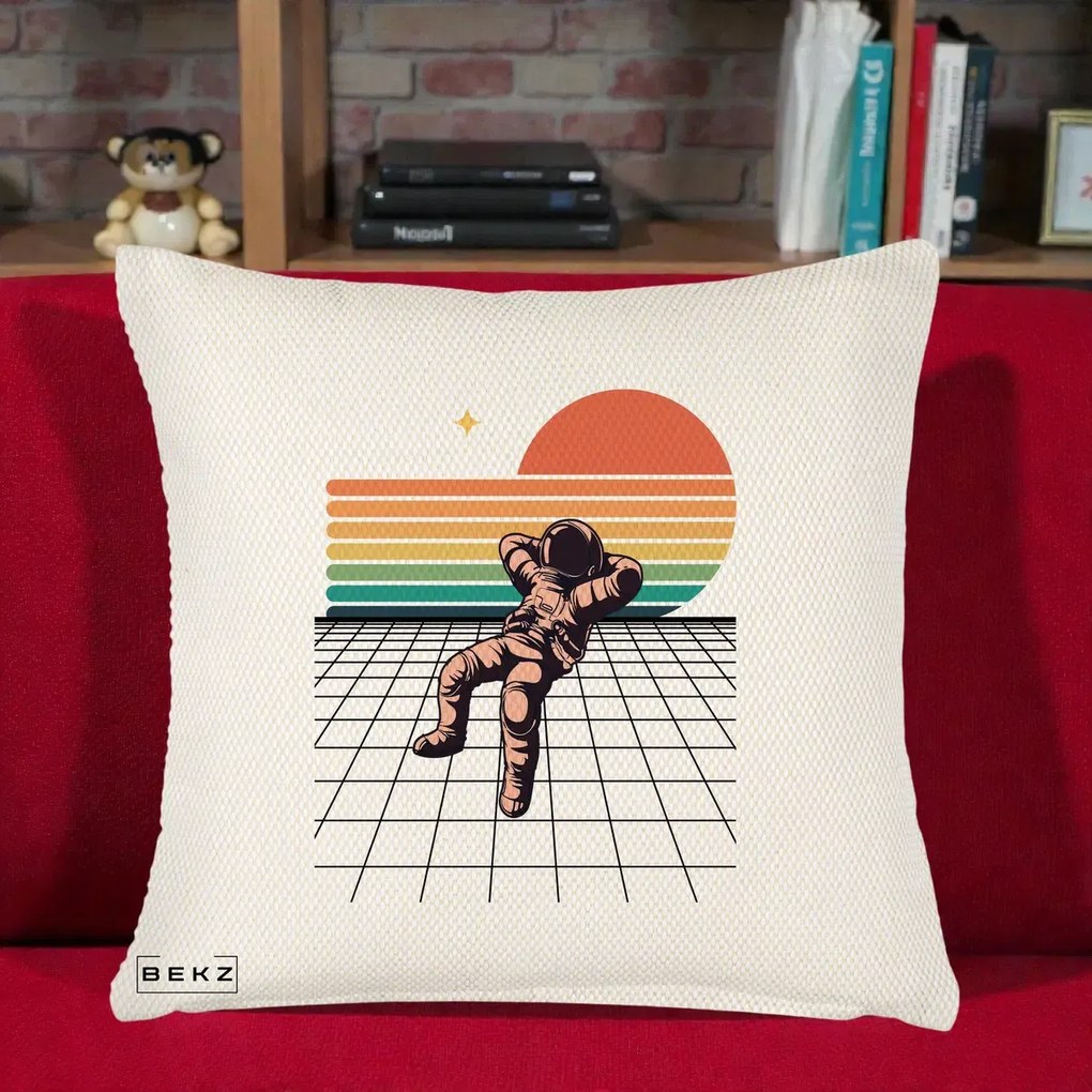 Perna Decorativa Astronaut Retro Space, 40x40 cm, Crem Reliefat, Husa Detasabila, Perna Inclusa, BEKZ®