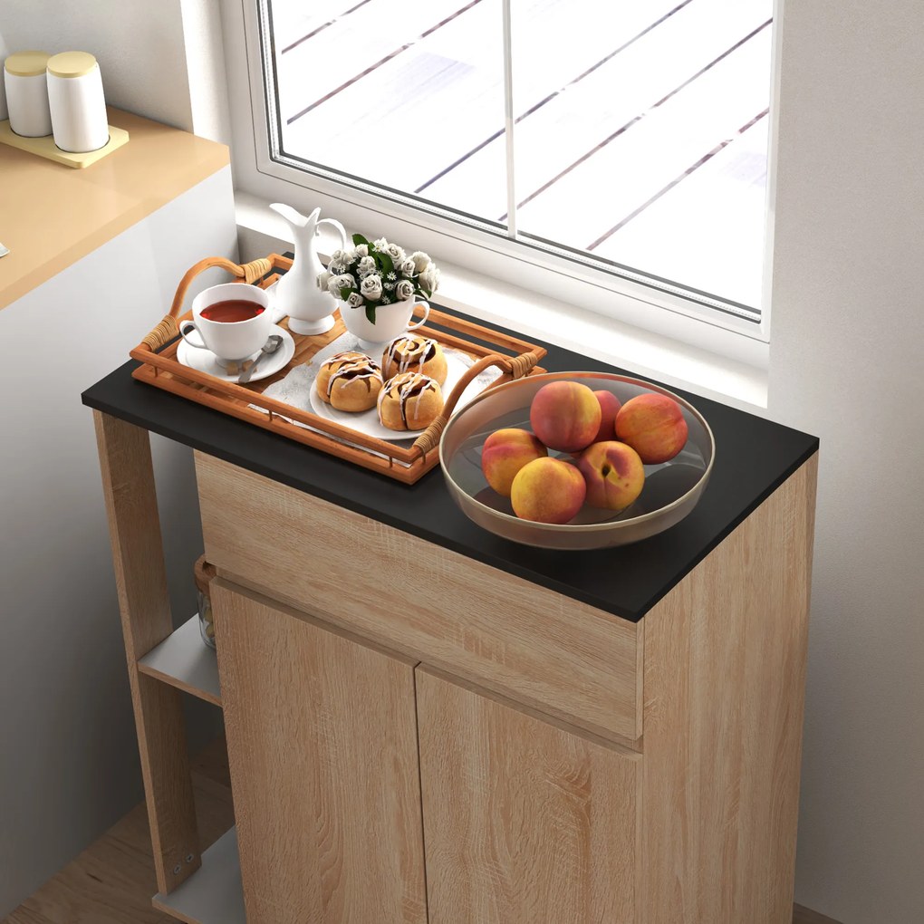 HOMCOM Dulapior de Bucătărie cu Sertare și Roți, Mobilier din Lemn, 78x39.5x88.5 cm, Stejar &amp; Negru | Aosom Romania