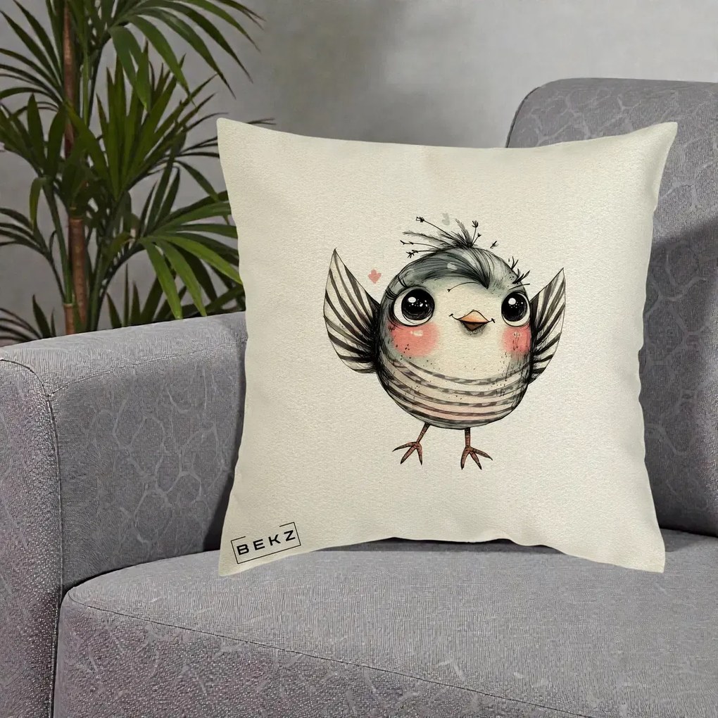Perna Decorativa Pasare Gri cu Aripi si Inimioare, 40x40 cm, Ecru, Husa Detasabila, Perna Inclusa, BEKZ®