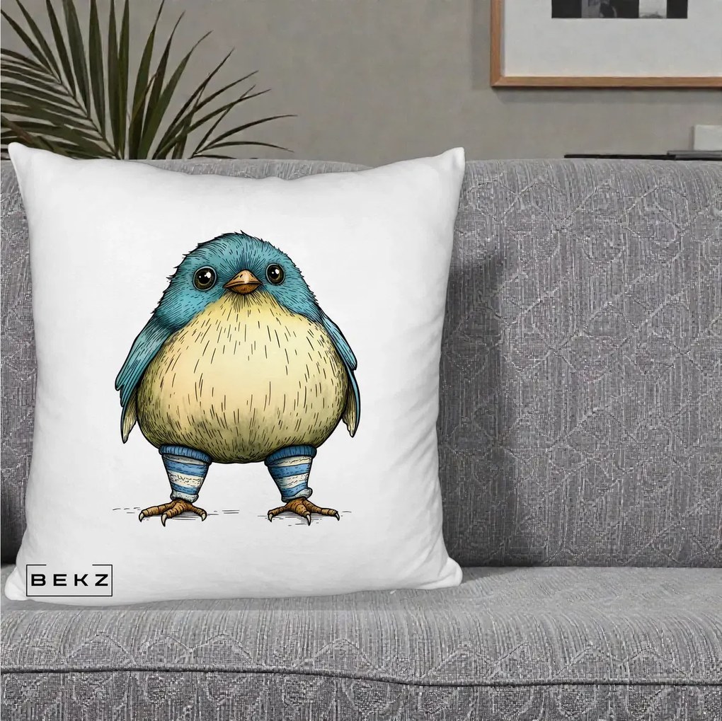 Perna Decorativa Pasare Albastra cu Sosete Albastre, 40x40 cm, Alb Pufos, Husa Detasabila, Perna Inclusa, BEKZ®