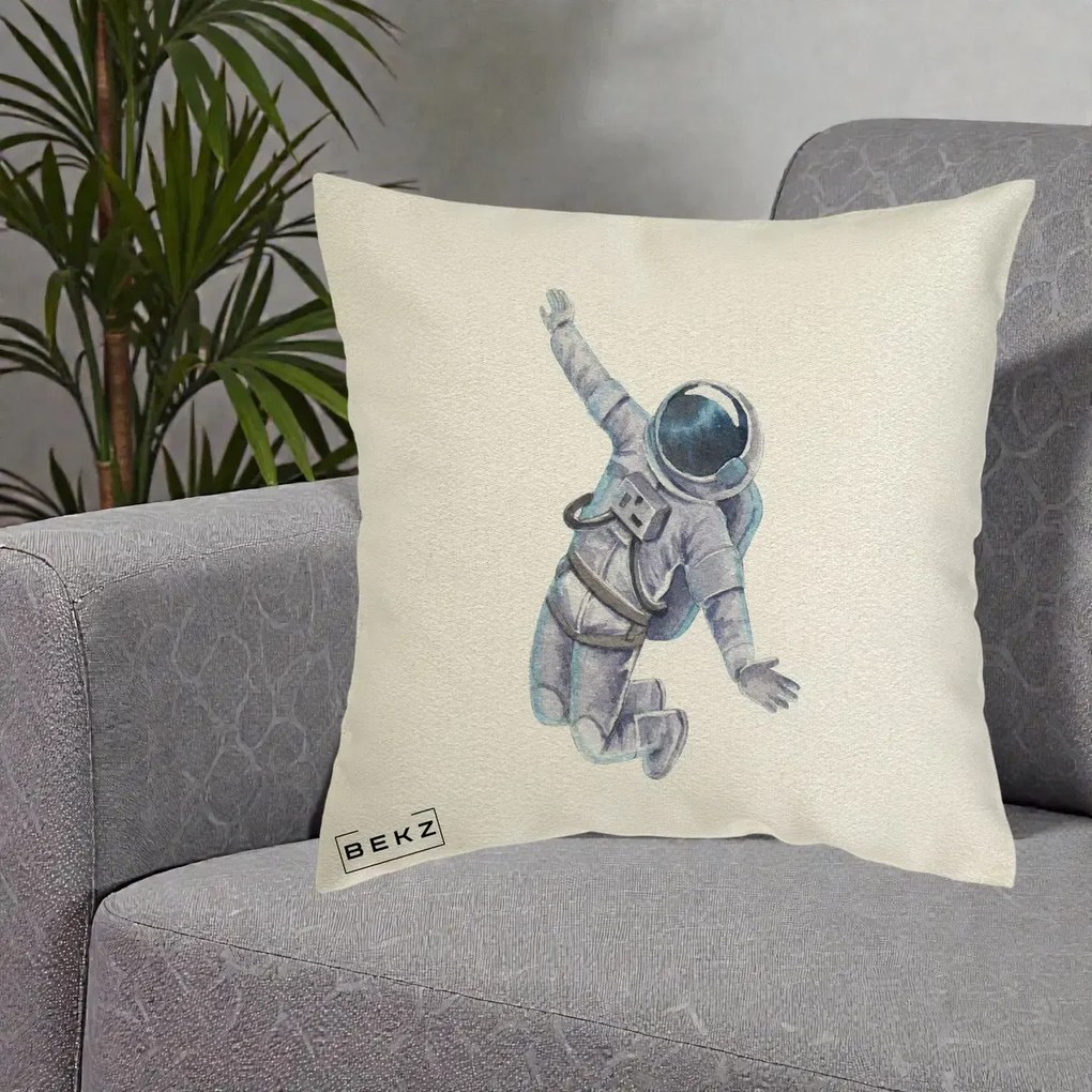 Perna Decorativa Astronaut Acuarela Zbor, 40x40 cm, Ecru, Husa Detasabila, Perna Inclusa, BEKZ®