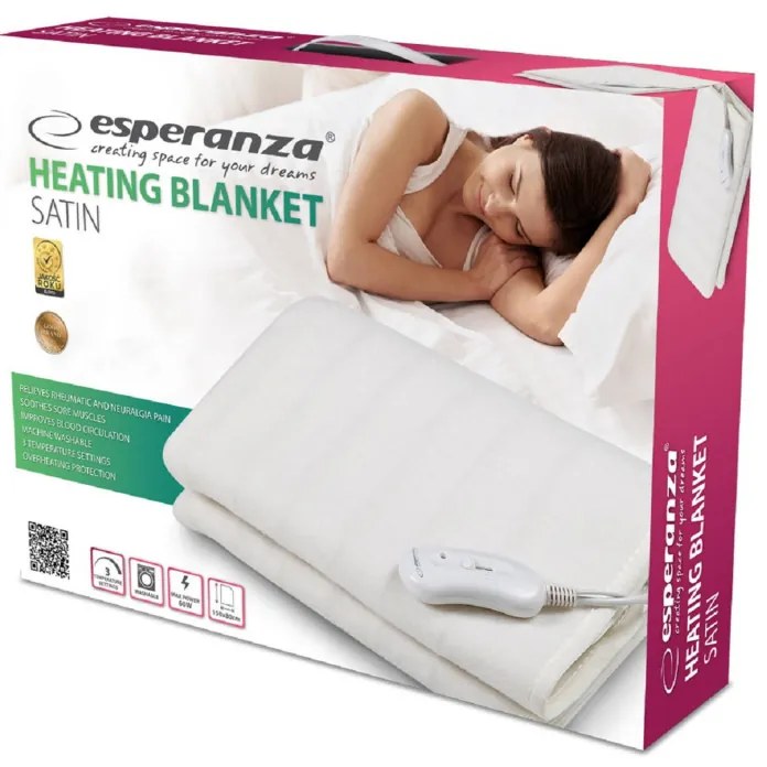 Pad electric pentru pat Esperanza EHB002, 150x80, 60W, 2 nivele, lavabil, protectie la supraincalzire, alb