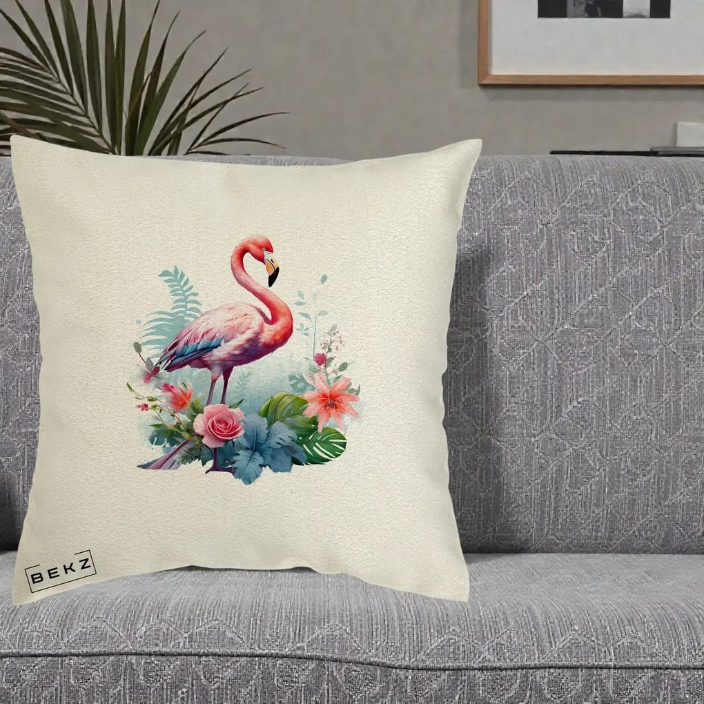 Perna Decorativa Flamingo cu Flori Tropicale Acuarela, 40x40 cm, Ecru, Husa Detasabila, Perna Inclusa, BEKZ®