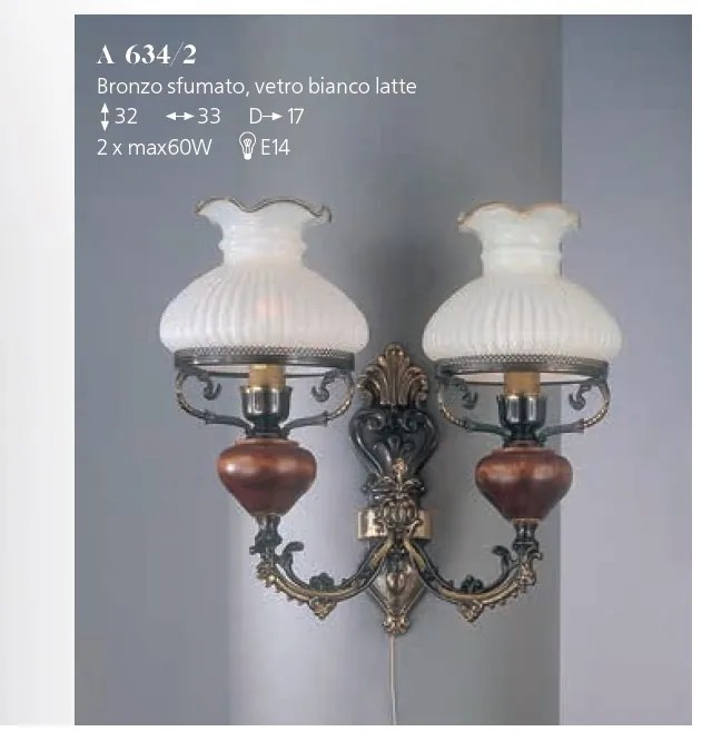 Aplica de perete cu 2 brate design italian din alama cu lemn 634