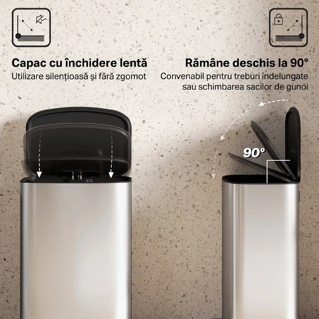 HOMCOM Coș de Gunoi cu Pedală de 50L cu Capac Amortizat, Deschidere la 90° și Găleată Detașabilă, Oțel Inoxidabil, Gri | Aosom Romania