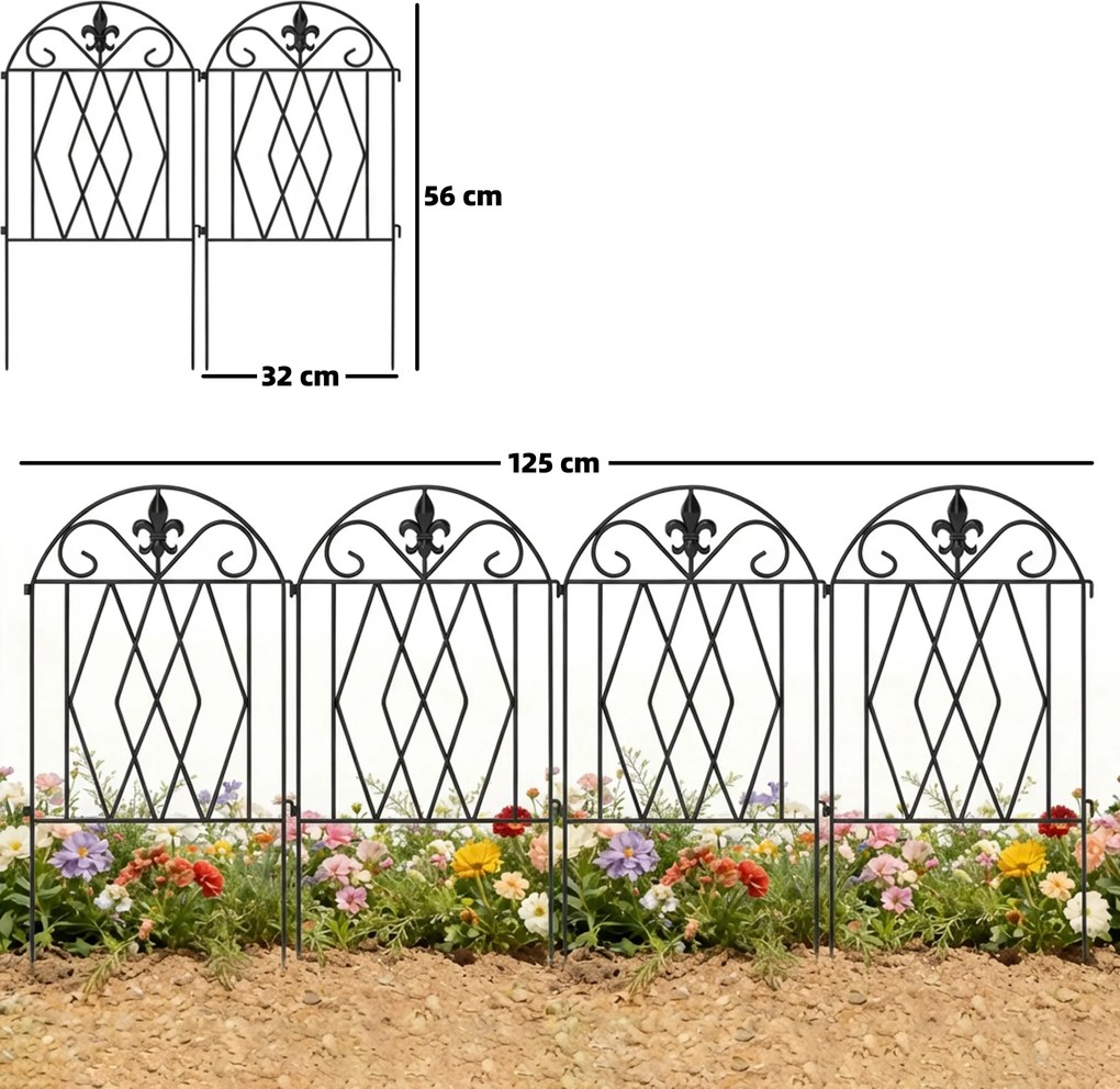 Outsunny Set de 4 garduri metalice de grădină 125x56 cm cu design arcuit, rezistente, ușor de instalat, pentru patio, gazon, negru | Aosom Romania