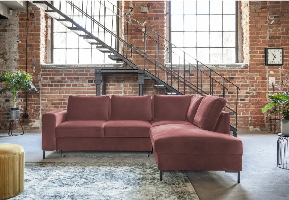 Colțar roz extensibil cu tapițerie din catifea (cu colț pe partea dreaptă) Lofty Lilly – Miuform