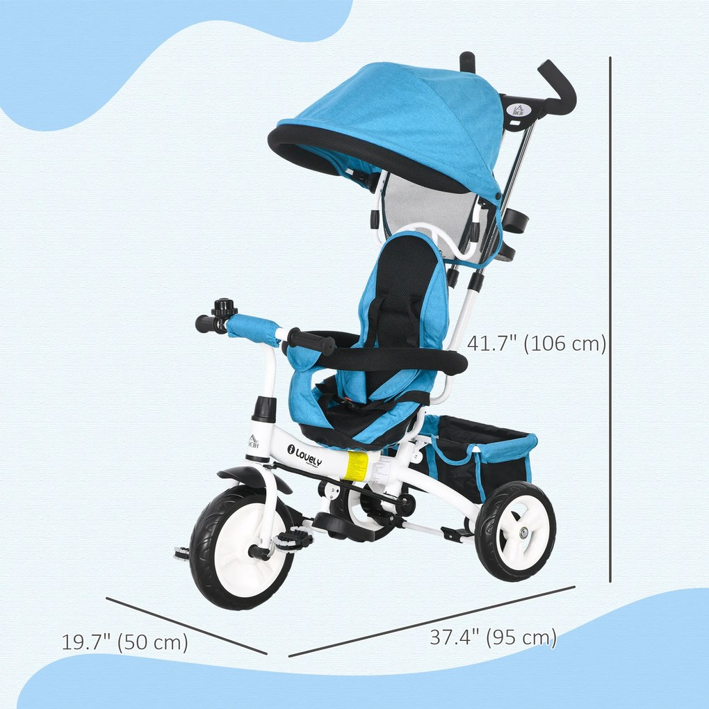 HOMCOM Tricicletă pentru Copii cu Mâner, 95x50x106 cm, Albastru | Aosom Romania