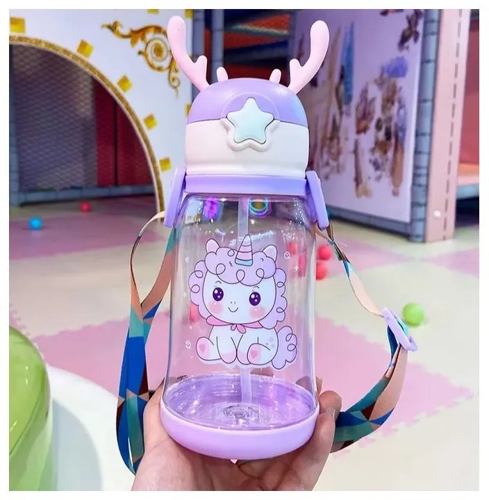 Sticla pentru copii din plastic cu pai UNICORN 600 ml