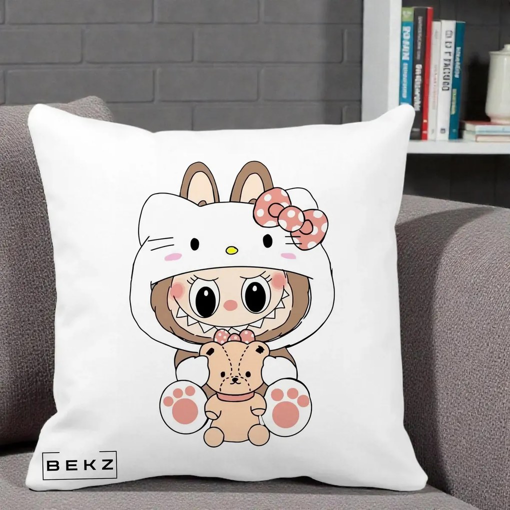 Perna Personalizata Labubu x Hello Kitty, 40x40 cm, Alba Mata, Husa Detasabila, Perna Inclusa, BEKZ®