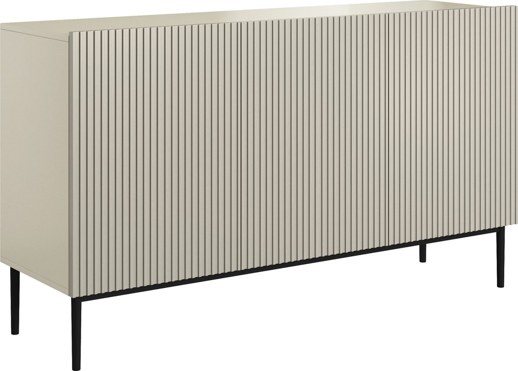 Comodă Nicole 150 cm cu 3 uși, fronturi canelate - cashmir / picioare negre