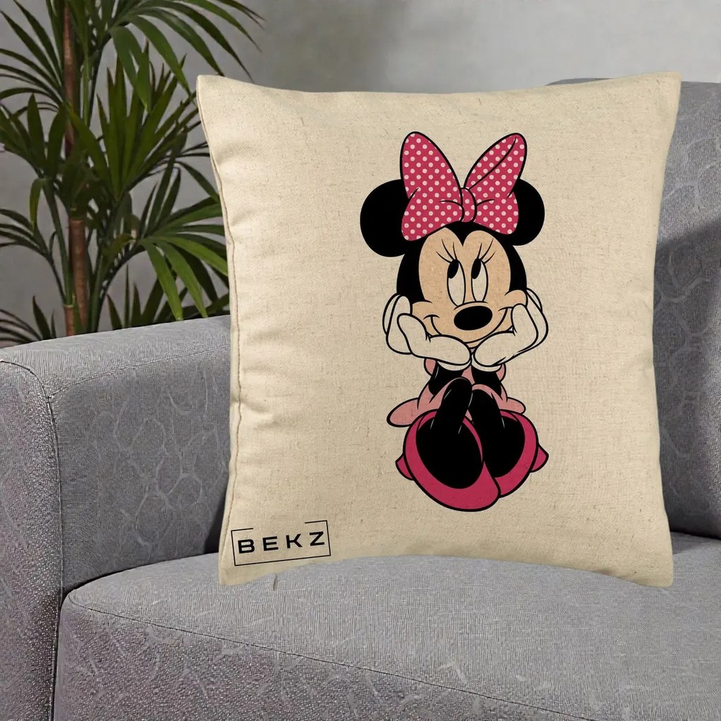 Perna Personalizata Minnie Mouse cu Fundita, 40x40 cm, Bej, Husa Detasabila, Perna Inclusa, BEKZ®