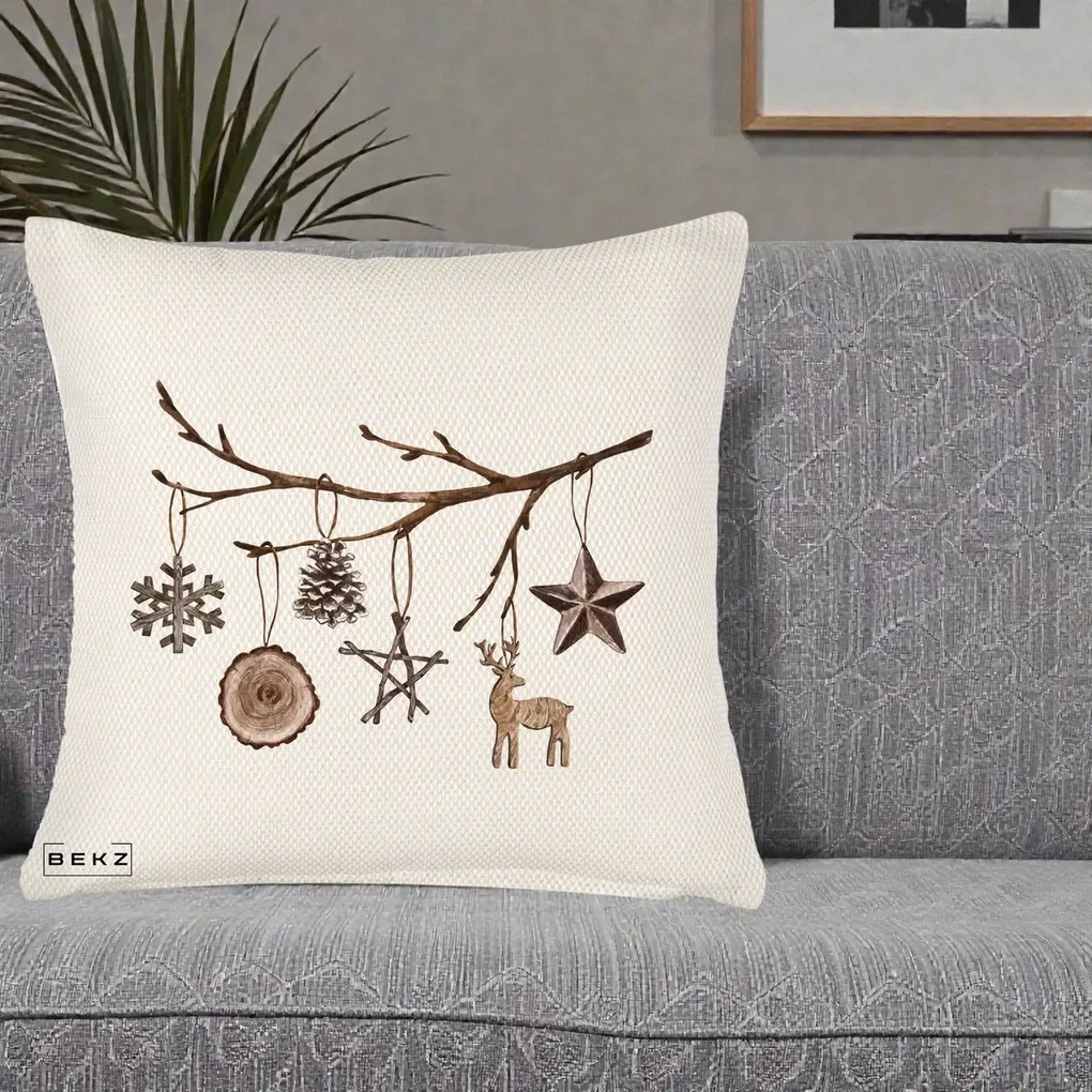 Perna Decorativa Ornamente de Lemn pe Ramura, 40x40 cm, Crem Reliefat, Husa Detasabila, Perna Inclusa, BEKZ®