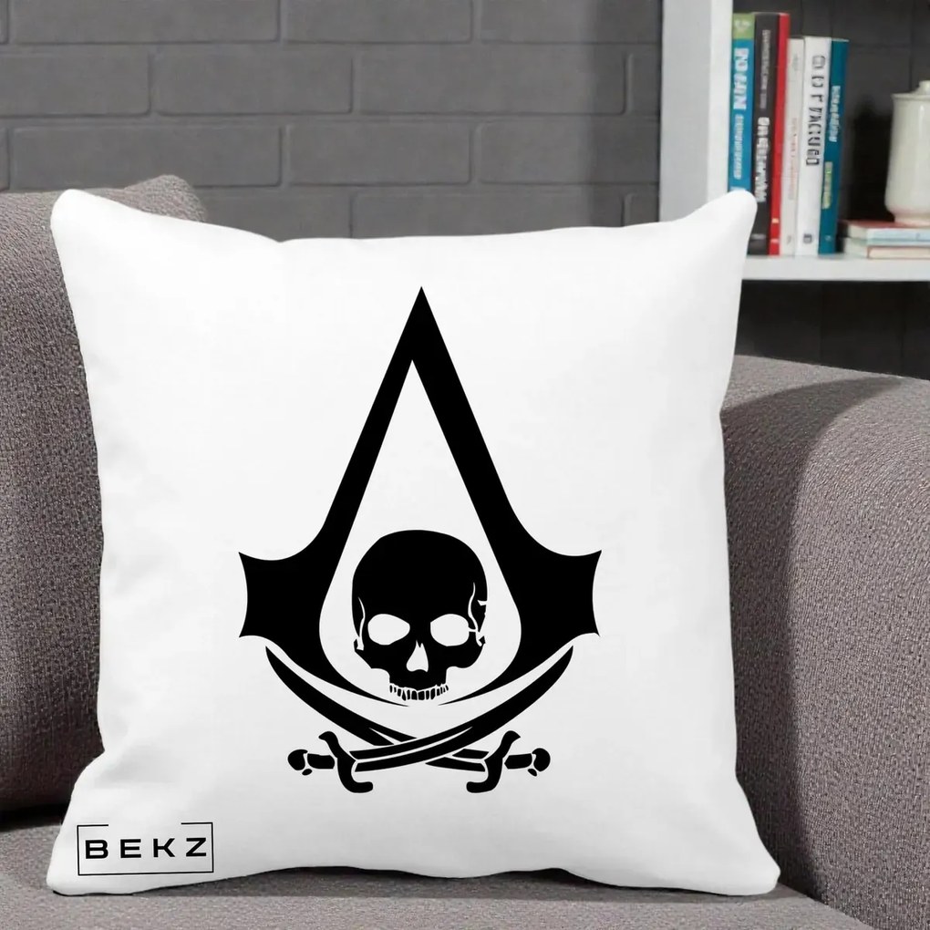 Perna Personalizata Assassin's Creed Black Flag Skull, 40x40 cm, Alba Mata, Husa Detasabila, Perna Inclusa, BEKZ®