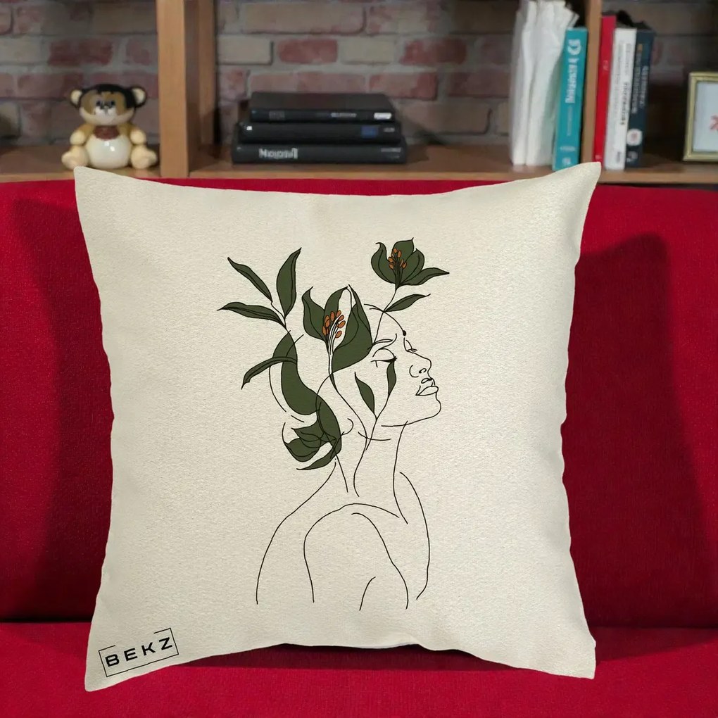 Perna Decorativa Portret Feminin Crin Verde, 40x40 cm, Ecru, Husa Detasabila, Perna Inclusa, BEKZ®