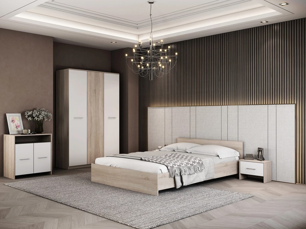 Dormitor Luiza 3U5P, culoare sonoma / alb, cu pat standard 140 x 200 cm, dulap cu 3 usi, comoda si 2 noptiere