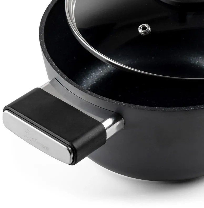 Cratiță Luigi Ferrero Regina FR-2040 20x10 cm, 2,5 l, Acoperire antiaderentă cu efect de marmură, Capac din sticlă cu orificiu pentru abur, Negru