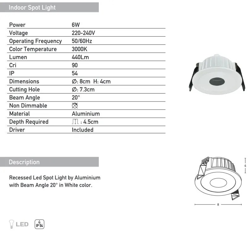 Spot LED incastrabil pentru baie IP54 Ozzy alb