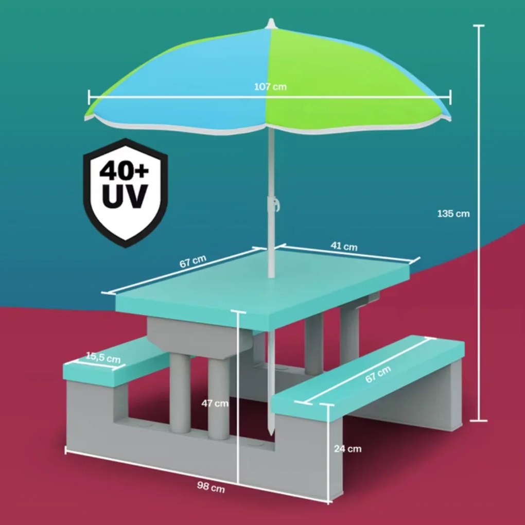 Spielwerk Set de șezut pentru copii cu umbrelă de soare JASMIN, 67x78,5x42,5cm, gri/mentă