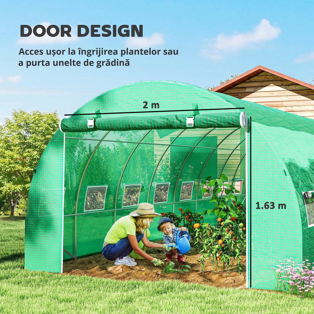 Outsunny Seră de grădină tunel 24m² 8L x 3l x 2H m - 16 ferestre, Ușă înfășurabilă oțel galvanizat, folie PE, Verde | Aosom Romania