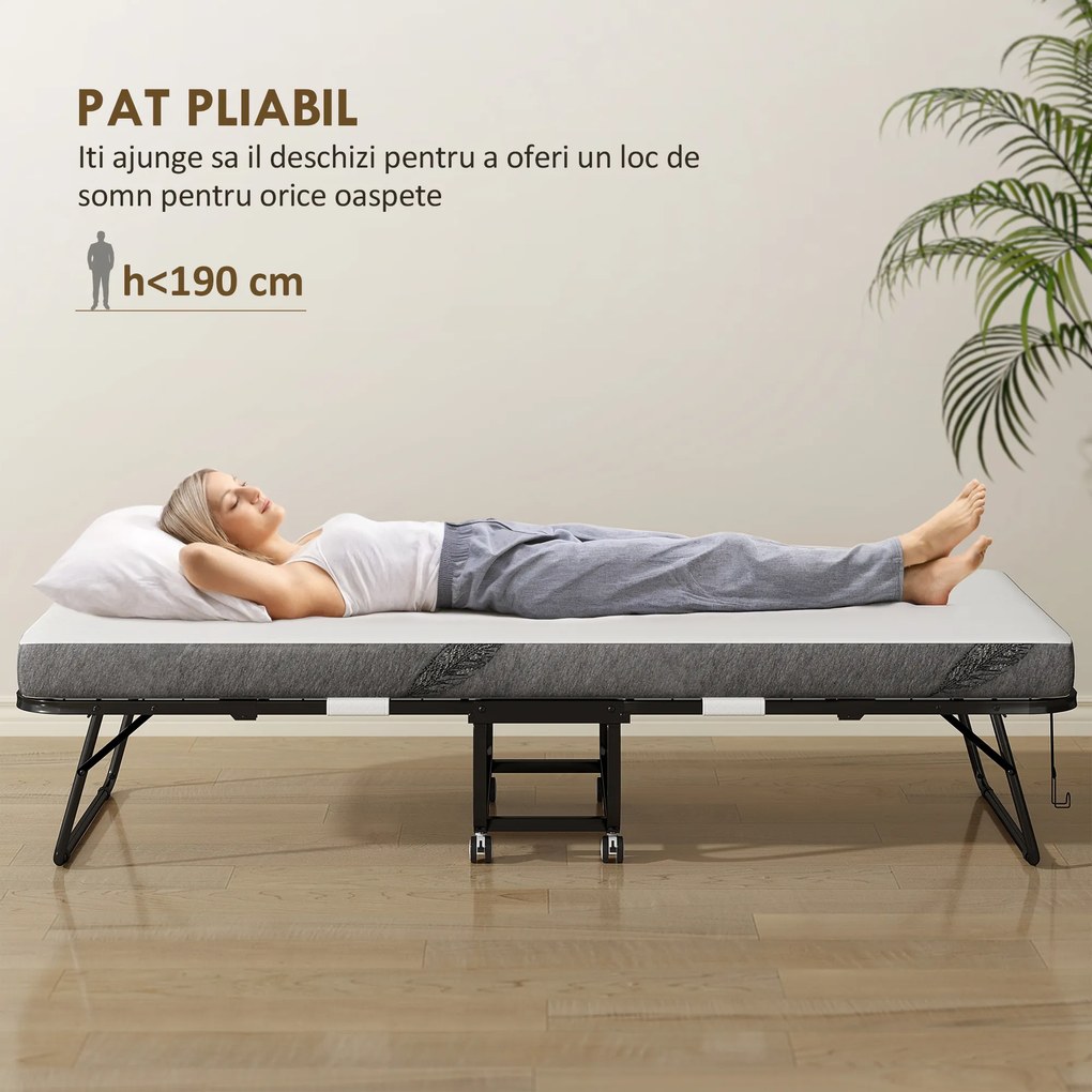 HOMCOM Pat Pliabil Single 90x200 cm cu Saltea de 10 cm Grosime, Cadru din Metal și Roți cu Frână, Negru | Aosom Romania