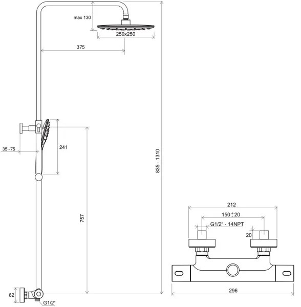 Ravak X070164 - Set de duș TERMO cu baterie termostatată, crom lucios