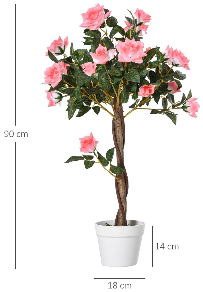 Outsunny Plantă Artificială de Trandafiri cu 21 de Flori, Ghiveci Umplut cu Ciment și Mușchi, Ø18x90 cm, Roz | Aosom Romania
