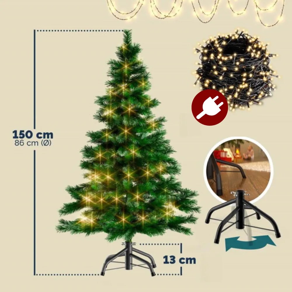 Casaria Brad artificial de Crăciun RUDOLPH cu luminițe, 150 cm, verde