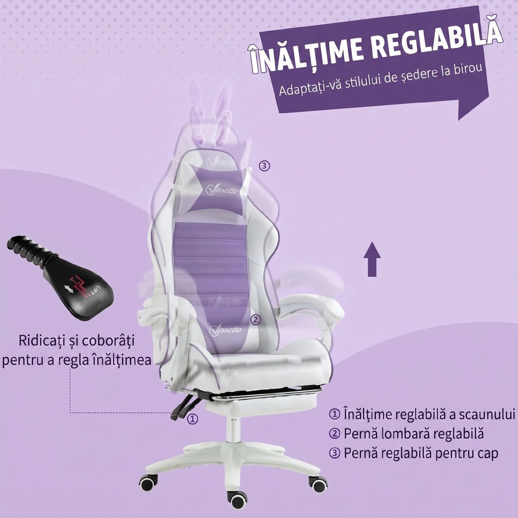 Vinsetto Scaun Gaming cu Urechi de Iepuraș, Suport pentru Picioare, Perne, Reglabil și Reclinabil, Mov | Aosom Romania