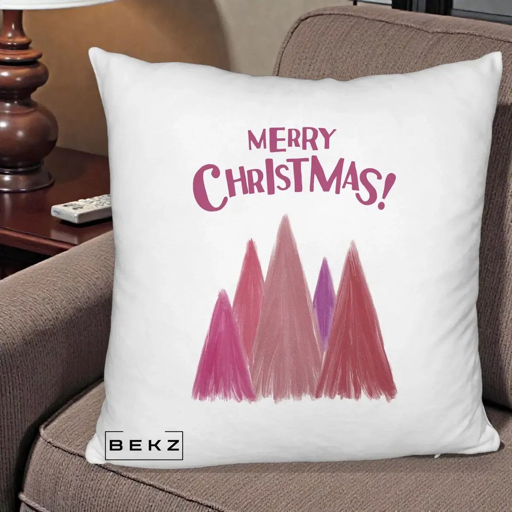Perna Decorativa Merry Christmas Brazi Roz, 40x40 cm, Alb Pufos, Husa Detasabila, Perna Inclusa, BEKZ®