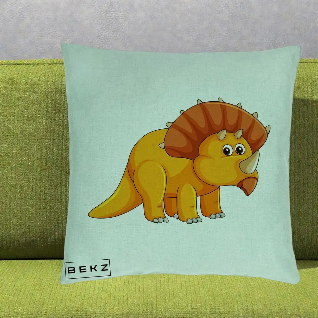 Perna Decorativa Triceratops Portocaliu, 40x40 cm, Verde Menta, Husa Detasabila, Perna Inclusa, BEKZ®