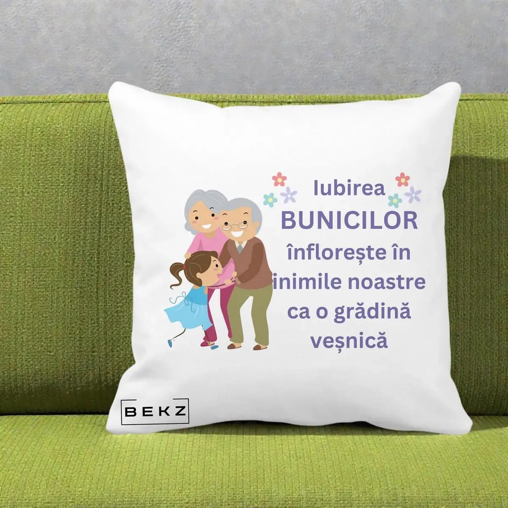 Perna personalizata bunici: Iubirea bunicilor, cu nepoata, text mov, 40x40 cm cu Umplutura, Alb Mat, BEKZ