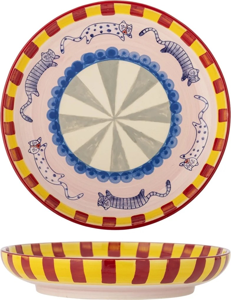 Platou decorativ din ceramică artizanală, multicolor, pictat manual cu pisici și motive geometrice, 30x6 cm, „Missy"