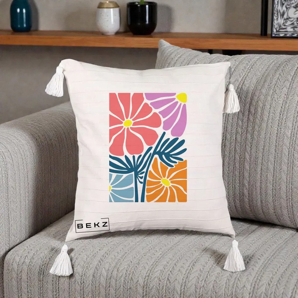 Perna Decorativa Flori Grafice Roz-Orange-Albastru, 40x40 cm, Bej cu Franjuri, Husa Detasabila, Perna Inclusa, BEKZ®