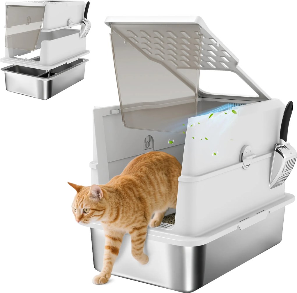 PawHut Tavă de litieră închisă pentru pisici, casă de toaletă din oțel inoxidabil pentru pisici, 60,2 x 40,2 x 43,7 cm, gri deschis | Aosom Romania