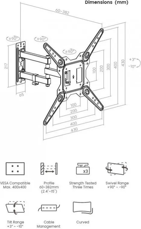 Suport pentru televizor Crown WM30K2355TL, 23-55", Pana la 30 kg, Organizare a cablurilor, Negru