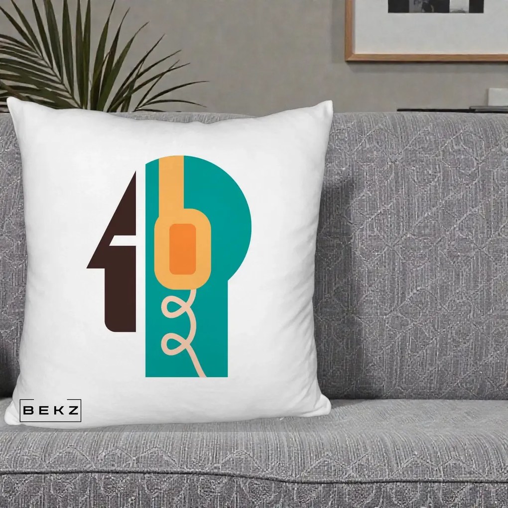 Perna Personalizata Retro Casti Muzicale, 40x40 cm, Alb Pufos, Husa Detasabila, Perna Inclusa, BEKZ®