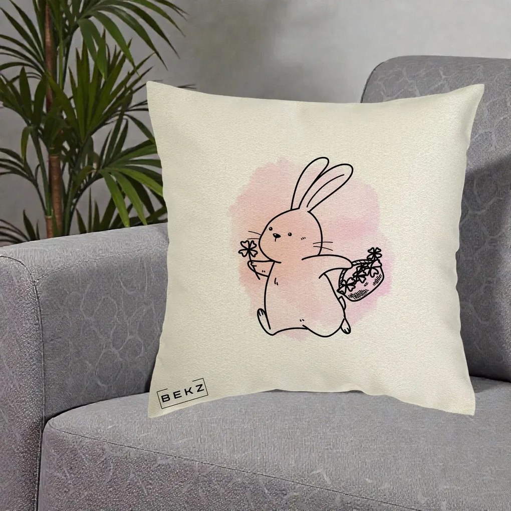 Perna Decorativa Iepuras Kawaii cu Cosulet Floral, 40x40 cm, Ecru, Husa Detasabila, Perna Inclusa, BEKZ®