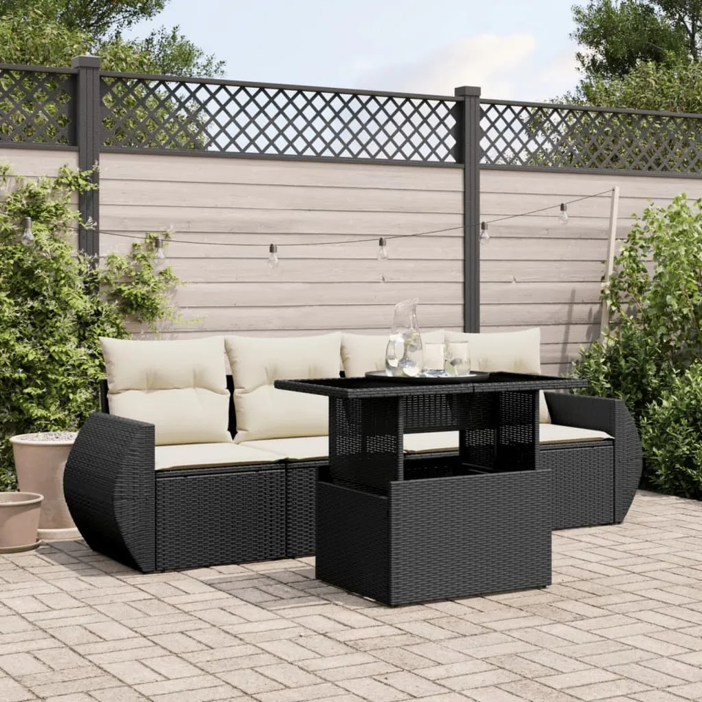 3268356 vidaXL Set mobilier de grădină cu perne, 5 piese, negru, poliratan