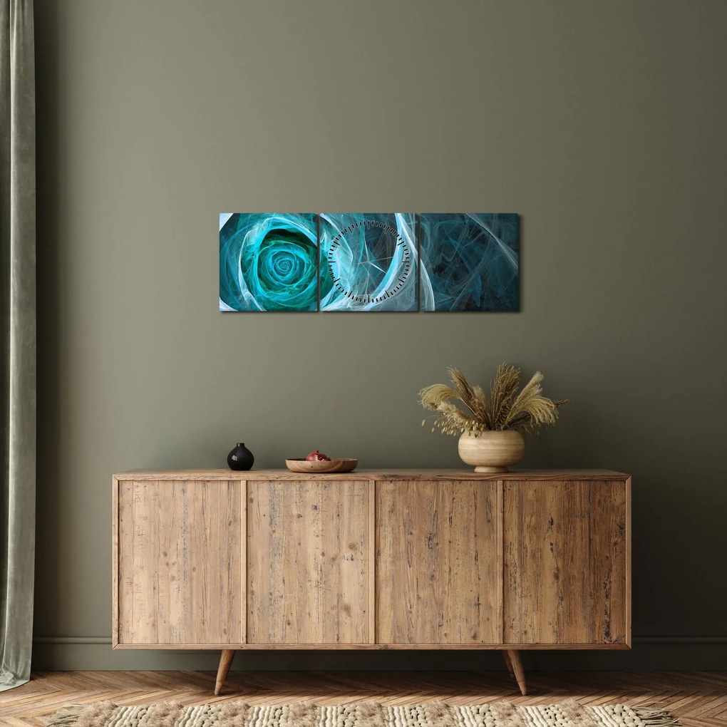 Tablou - Abstract trandafir albastru cu fundal negru (cu ceas) (90x30 cm)